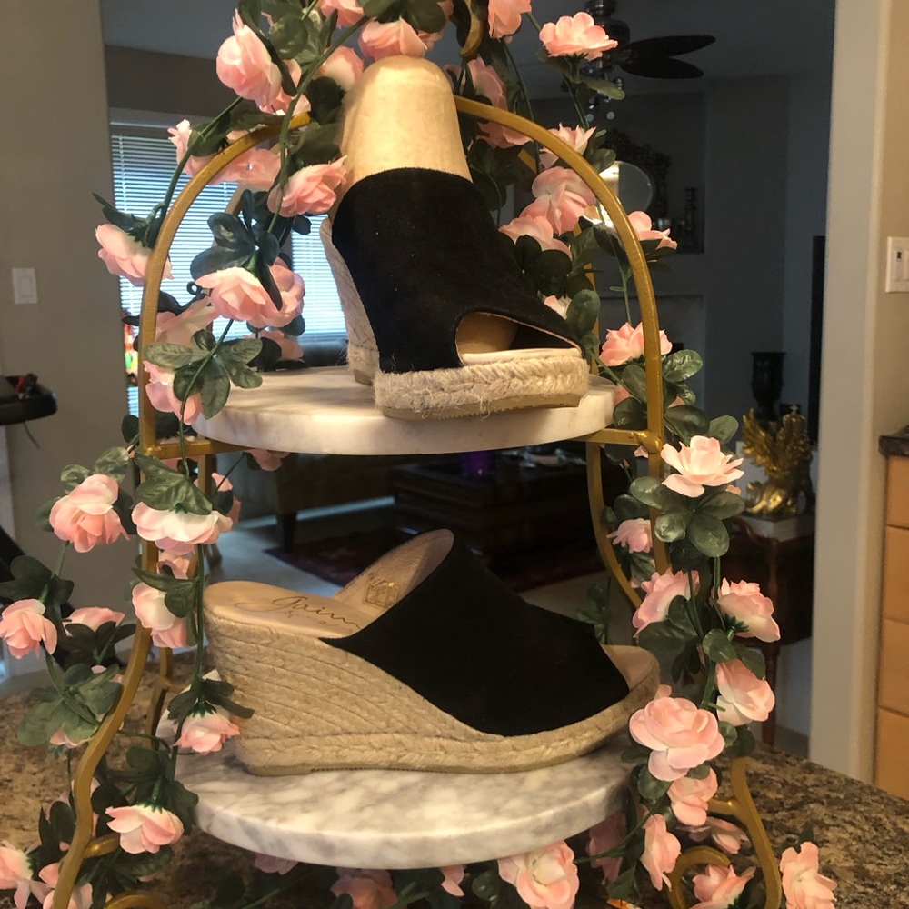 New Genuine Suede Black Wedge Espadrille Sandals